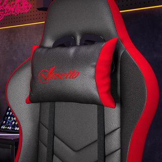 Silla De Gaming Ergonómica En Piel PU Y Acero Con Reposacabezas Y Altura Regulable, Sillón Gaming Con Respaldo Reclinable Y Cojín Lumbar, 65X65X121-129 Cm, Negro Y Rojo