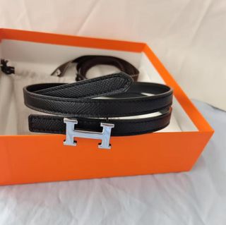 Cinturón Hermès Negro Hebilla Plateada