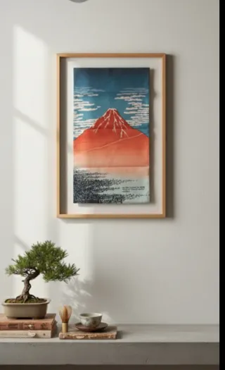 Tela Hokusai El Fuji Rojo Seda 48.5x48.5