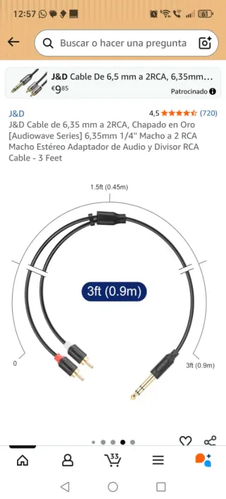 Cable J&D 6,35mm a 2 RCA Chapado Oro