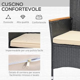 Conjunto de Mesa y Sillas de Jardín 7 Piezas en Rattan PE y Madera, Muebles de Exterior con Cojines Suaves, Negro
