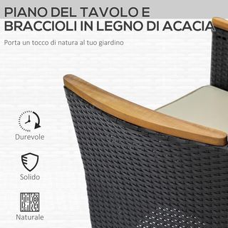 Conjunto de Mesa y Sillas de Jardín 7 Piezas en Rattan PE y Madera, Muebles de Exterior con Cojines Suaves, Negro