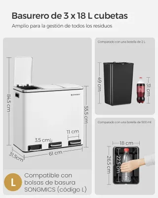 Papelera, Cubo basura 54L 3 pedal SONGMICS LTB54WT