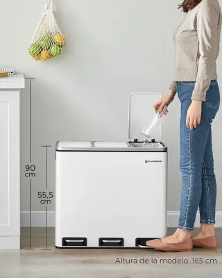 Papelera, Cubo basura 54L 3 pedal SONGMICS LTB54WT