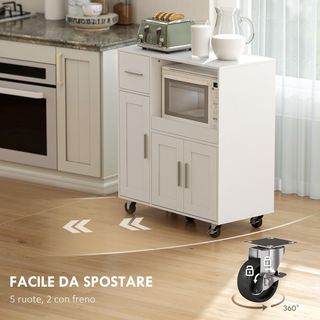 Microondas Móvil Con 5 Ruedas, Credenza de Cocina Con Tablero Extraíble, Orificio para Cables, Cajón, Armarios de 3 Puertas, Estante Regulable, Carrito de Cocina para Sala de Estar, 80X40X88.7 Cm,...