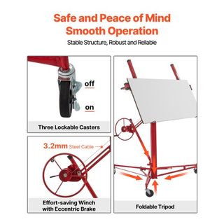 Panel Elevador de Yeso Rodante, Elevador de Yeso de 16 pies, Herramienta de Gato de Elevación de Panel con Capacidad de Peso de 150 lb, Material de Acero con Brazo Telescópico y 3 Ruedas Bloqueabl...