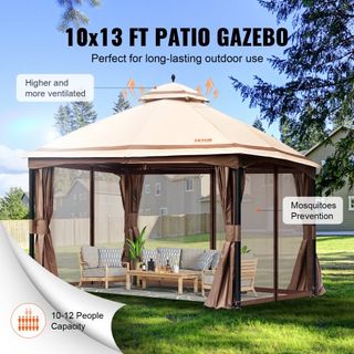 Gazebo de Patio para 10-12 Personas, Gazebo de Patio de 10 x 13 PIES, con Red Antimosquitos, Estructura de Metal y Poliéster 180G Recubierto de PU, Refugio de Dosel Exterior para Patio, Jardín, Cé...