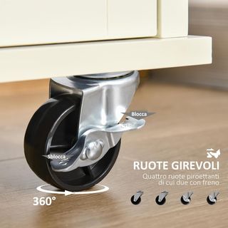 Isla para Cocina de Madera y MDF con Cajones, Armario y Toallero, Carrito de Cocina con 4 Ruedas para Utensilios, 110X49.5X89.5 Cm, Blanco