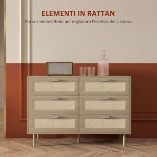 Cómoda de 6 Cajones en Estilo Bohemio para Salón, Cómoda de Dormitorio Boho en Madera y Ratan, 110X40X75 Cm, Color Madera