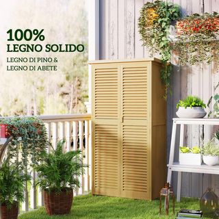Caseta de Herramientas de Jardín de Madera de Abeto y Pino con 4 Compartimentos, Armario de Exterior para Herramientas de Jardín con Techo Impermeable, 87X46.5X160Cm, Amarillo