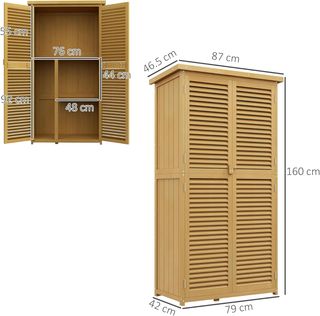 Caseta de Herramientas de Jardín de Madera de Abeto y Pino con 4 Compartimentos, Armario de Exterior para Herramientas de Jardín con Techo Impermeable, 87X46.5X160Cm, Amarillo