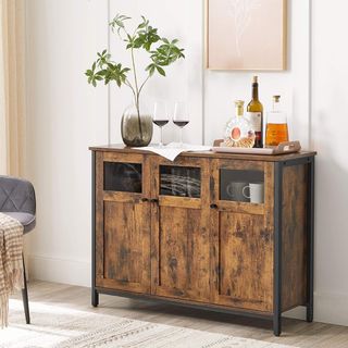 Mueble Multiusos, Credenza, Armario Con Puertas de Vidrio, para Comedor, Sala de Estar, Pasillo, Cocina, Estructura de Acero, Estilo Industrial, Marrón Vintage y Negro Tinta LSC099B01
