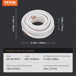 Conjunto de Tuberías Mini Split de 15240mm, Tubos de Cobre de 6.4 y 12.7mm de Diámetro Exterior y Aislamiento de Triple Capa, para Refrigerante de Aire Acondicionado Mini Split o Equipos de Bomba ...
