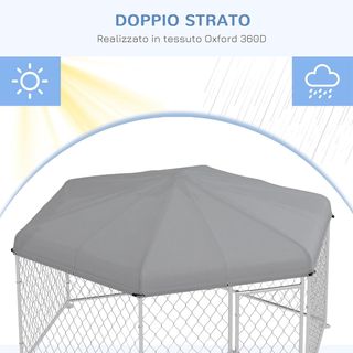 Recinto para Perros de Tamaño Grande, Kennel Hexagonal con Techo de Tela Oxford anti UV 2.1X1.85X1.5M, Plata y Gris
