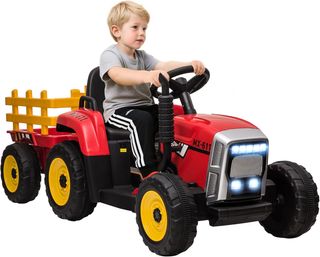 Tractor Eléctrico para Niños con Remolque Extraíble, Batería Recargable de 12V con Control Remoto, Puerto USB, Música Preinstalada y Luces, Edad 3-6 Años, Rojo