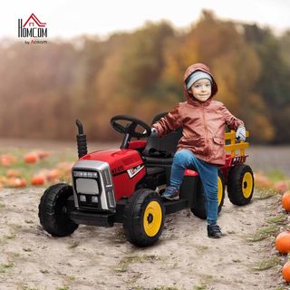 Tractor Eléctrico para Niños con Remolque Extraíble, Batería Recargable de 12V con Control Remoto, Puerto USB, Música Preinstalada y Luces, Edad 3-6 Años, Rojo