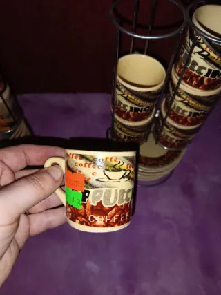 Juego 6 tazas café cerámica y metal