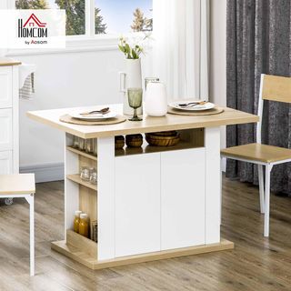 Isla para Cocina 4-6 Personas, Credenza de Cocina con Armarios de 2 Puertas y Estantes Abiertos, 110X70X75.5 Cm, Blanco y Color Madera