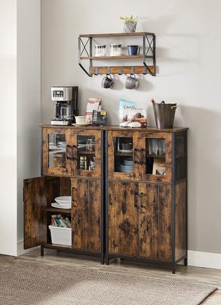 Mueble Multiuso, Armario, Credenza, Estante Regulable, Mueble Para Baño, Estructura de Acero, para Sala Cocina, Estilo Industrial, Marrón Vintage y Negro LSC260B01