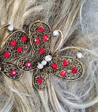 Fermaglio capelli farfalle oro e rosso. Cm 12.