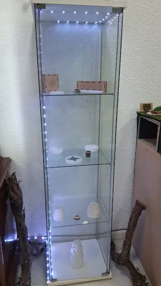 Vitrina expositora de cristal y madera