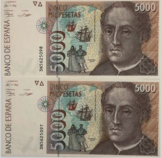 2 Billetes 5000 Pesetas España 1992 Cristóbal Coló