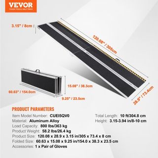 Rampa de Silla de Ruedas Portátil, 304.8 cm Capacidad de 363 kg, Rampa de Umbral Plegable de Aluminio Antideslizante, Rampa Plegable para Scooter de Movilidad, Rampa para Silla de Ruedas, Rampa pa...