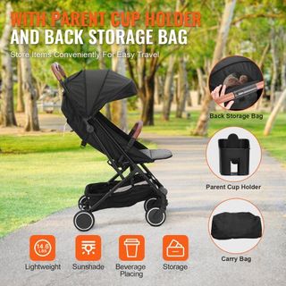 Cochecito de bebé estándar, cochecito para niños con respaldo ajustable de 95°-175° y reposapiés ajustable de 0/90° y plegado con un solo clic, cochecito para recién nacidos con portavasos y bolsa...