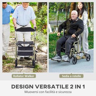 Andador Silla de Ruedas 2 en 1 Plegable de Altura Ajustable, Andador para Ancianos y Discapacitados 4 Ruedas, Carro con Asiento, Frenos Dobles y Bolsa de Almacenamiento, de Aluminio