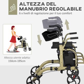 Andador Silla de Ruedas 2 en 1 Plegable de Altura Ajustable, Andador para Ancianos y Discapacitados 4 Ruedas, Carro con Asiento, Frenos Dobles y Bolsa de Almacenamiento, de Aluminio