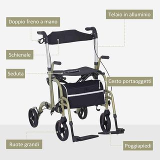 Andador Silla de Ruedas 2 en 1 Plegable de Altura Ajustable, Andador para Ancianos y Discapacitados 4 Ruedas, Carro con Asiento, Frenos Dobles y Bolsa de Almacenamiento, de Aluminio
