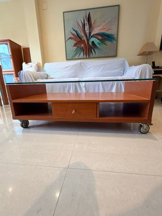 Mesa de centro madera y cristal con ruedas