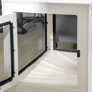 Jaula para Perros de Gran Tamaño Max. 30 Kg Para Interior, Caseta para Perros Con 2 Puertas Bloqueables, Patas Regulables y Cojín Lavable, Acero y Madera, 94X60X71.5 Cm, Blanco