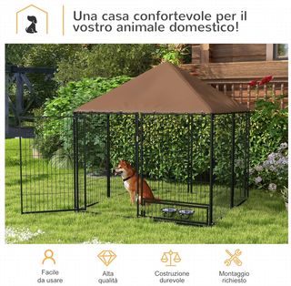 Recinto para Perros de Metal con Puerta para Comederos, Cercado para Perros de Exterior con Cubierta de Tela Oxford, 141X141X151 Cm, Negro y Marrón
