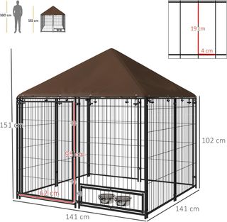Recinto para Perros de Metal con Puerta para Comederos, Cercado para Perros de Exterior con Cubierta de Tela Oxford, 141X141X151 Cm, Negro y Marrón