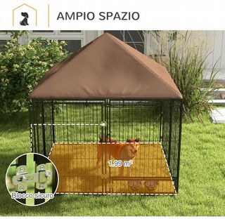 Recinto para Perros de Metal con Puerta para Comederos, Cercado para Perros de Exterior con Cubierta de Tela Oxford, 141X141X151 Cm, Negro y Marrón