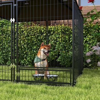 Recinto para Perros de Metal con Puerta para Comederos, Cercado para Perros de Exterior con Cubierta de Tela Oxford, 141X141X151 Cm, Negro y Marrón