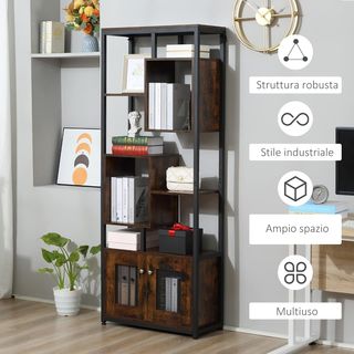 Mueble Librería Estante en Estilo Industrial Con Armario de 2 Puertas, Estante Ahorrador de Espacio de 8 Estantes para Casa y Oficina, 70X30X180Cm, Marrón