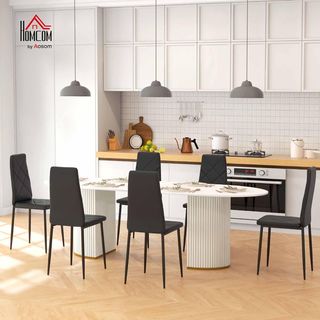 Set di 6 sedie da pranzo in similpelle con schienale alto e cuciture a diamante, sedie moderne per cucina, camera da letto, ufficio e soggiorno, nero