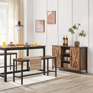 Mueble De Cocina, Credenza, Armario Con Compartimentos Cerrados Y Estantes, Puertas Estilo Granero, para Comedor Cocina Sala De Estar Entrada, Industrial, Marrón Vintage Y Negro LSC098B01
