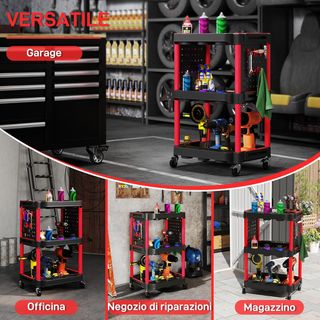 Carro Porta Herramientas de 3 Niveles, Carrito de Taller de Plástico con Panel Perforado Lateral para Herramientas, Capacidad 91 Kg, Negro y Rojo