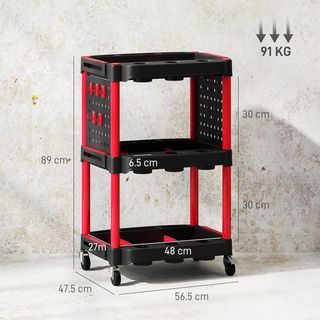 Carro Porta Herramientas de 3 Niveles, Carrito de Taller de Plástico con Panel Perforado Lateral para Herramientas, Capacidad 91 Kg, Negro y Rojo
