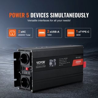Inversor de Onda Pura, 2000 Vatios, Inversor de Potencia de DC 12V a AC 230V con 2 Salidas AC, 2 Puertos USB, 1 Puerto Tipo-C, Pantalla LCD y Control Remoto para Equipos Domésticos de Tamaño Media...