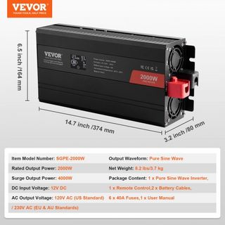 Inversor de Onda Pura, 2000 Vatios, Inversor de Potencia de DC 12V a AC 230V con 2 Salidas AC, 2 Puertos USB, 1 Puerto Tipo-C, Pantalla LCD y Control Remoto para Equipos Domésticos de Tamaño Media...