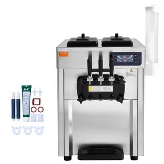 Máquina de Helados Comercial, Rendimiento de 18-28 L/H, 1650W Fabricador de Helados Suaves de 3 Sabores de Encimera, 2 x Cilindro de Acero Inoxidable de 5.5L, Panel LED de Limpieza Automática Pre-...
