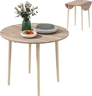 Mesa Plegable con Alas para Cocina y Sala de Estar, Mesa de Comedor en Aglomerado y Madera de Pino, Ø89X73.5 Cm, Color Madera