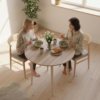 Mesa Plegable con Alas para Cocina y Sala de Estar, Mesa de Comedor en Aglomerado y Madera de Pino, Ø89X73.5 Cm, Color Madera