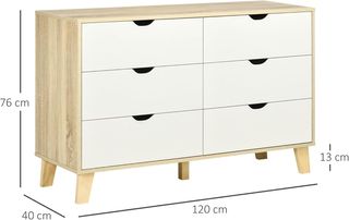 Cómoda de Dormitorio 6 Cajones, Cómoda Moderna con Patas en Trapezio y Manijas Talladas, Mueble para Pasillo, Sala de Estar y Habitación Infantil en Madera, 120X40X76 Cm, Blanco y Roble
