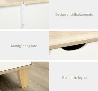 Cómoda de Dormitorio 6 Cajones, Cómoda Moderna con Patas en Trapezio y Manijas Talladas, Mueble para Pasillo, Sala de Estar y Habitación Infantil en Madera, 120X40X76 Cm, Blanco y Roble