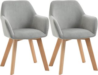 Set di 2 sedie da pranzo, sedie imbottite con gambe in legno, per cucina con braccioli in tessuto velluto, schienale rigido, comode, 54X57X80Cm, grigio